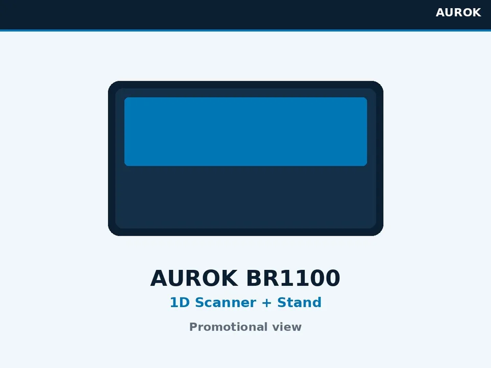 AUROK BR1100 1D wired barcode scanner with stand promotional view
