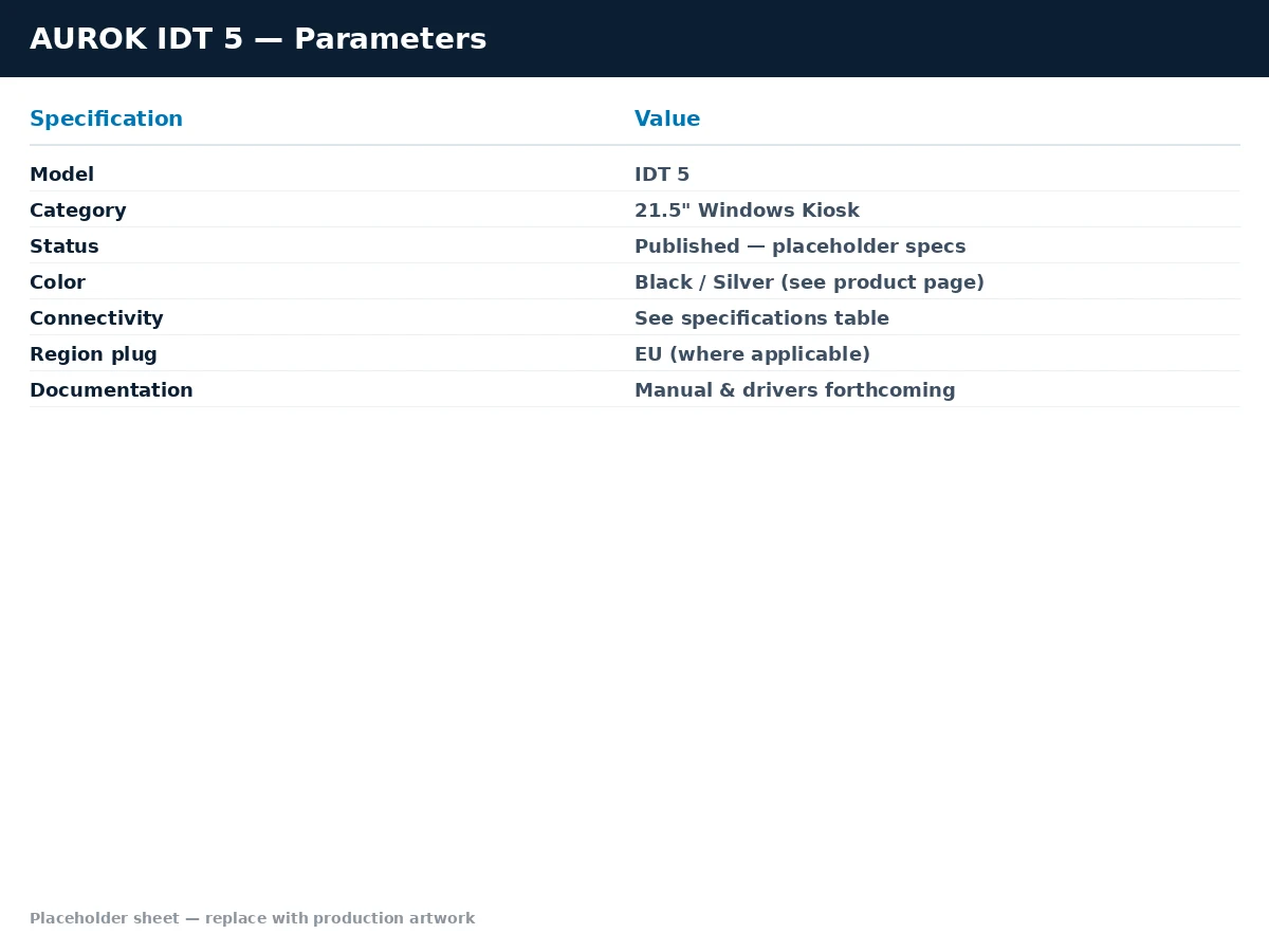 AUROK IDT 5 detailed parameters sheet with technical specifications